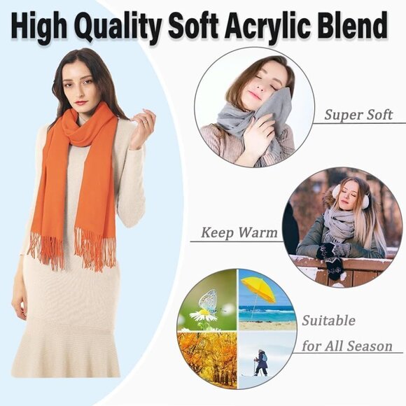 Women's Scarf Pashmina Shawls and Wraps Winter Warm Silky Scarves -Orange Solid - Picture 2 of 6